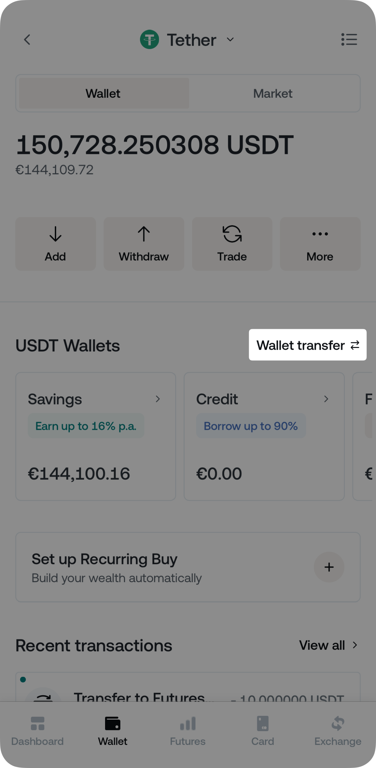 This image shows the USDT wallet, and the Wallet transfer button is highlighted. Click it to proceed with transferring USDT to your Futures wallet.