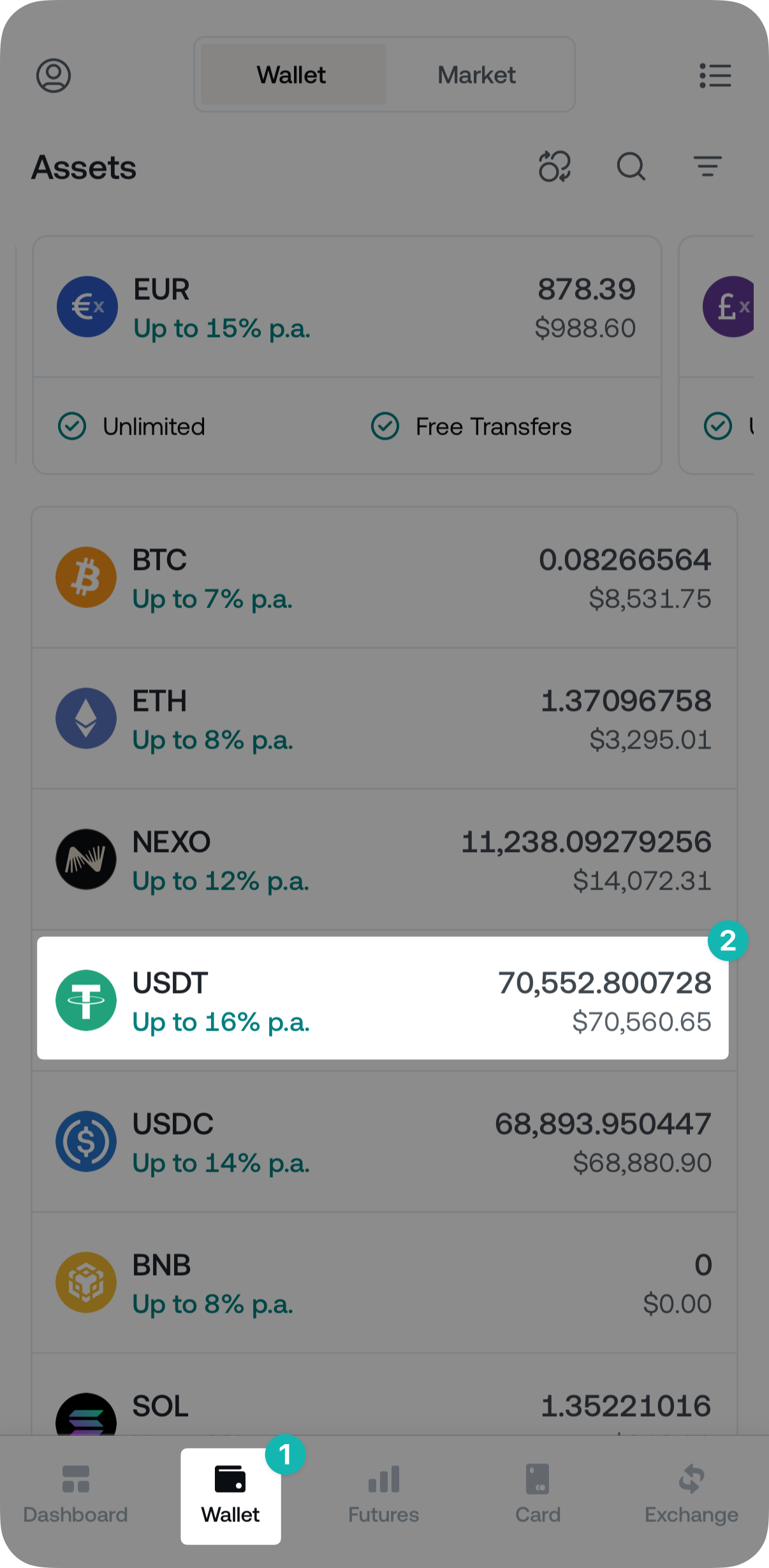 The image shows the Wallet section of the Nexo app. The user must click on USDT to open its wallet and proceed with funding the Futures Wallet.