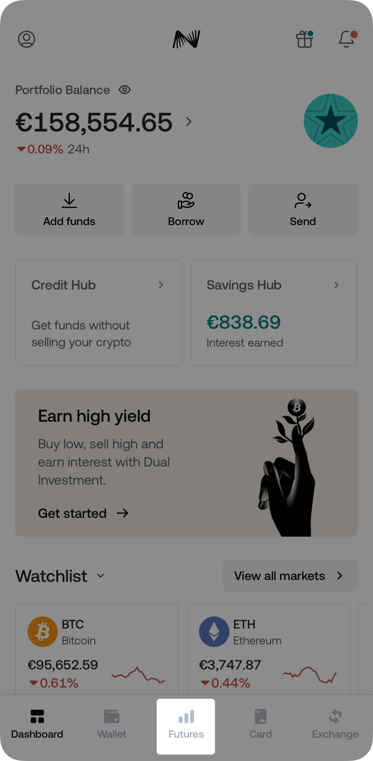 This image shows the Dashboard of the mobile Nexo app. Click the Futures button located in the middle of the Navigation bar (bottom of the screen) to open the Futures interface.